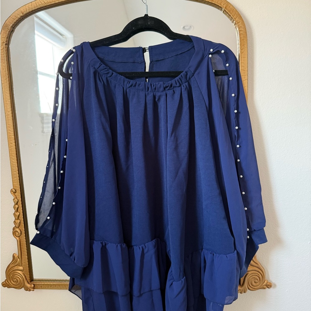 Elegant Blue Dress with Pearl Accents